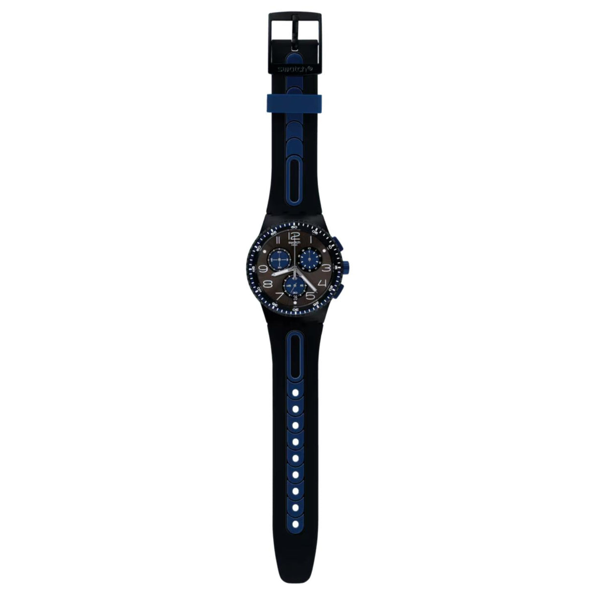 Swatch Kaicco SUSB406 chronograph watch with an anthracite dial, blue subdials and accents, full-length black strap, adjustment holes, and black buckle.