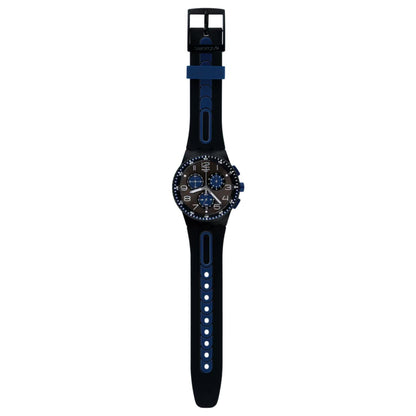 Swatch Kaicco SUSB406 chronograph watch with an anthracite dial, blue subdials and accents, full-length black strap, adjustment holes, and black buckle.