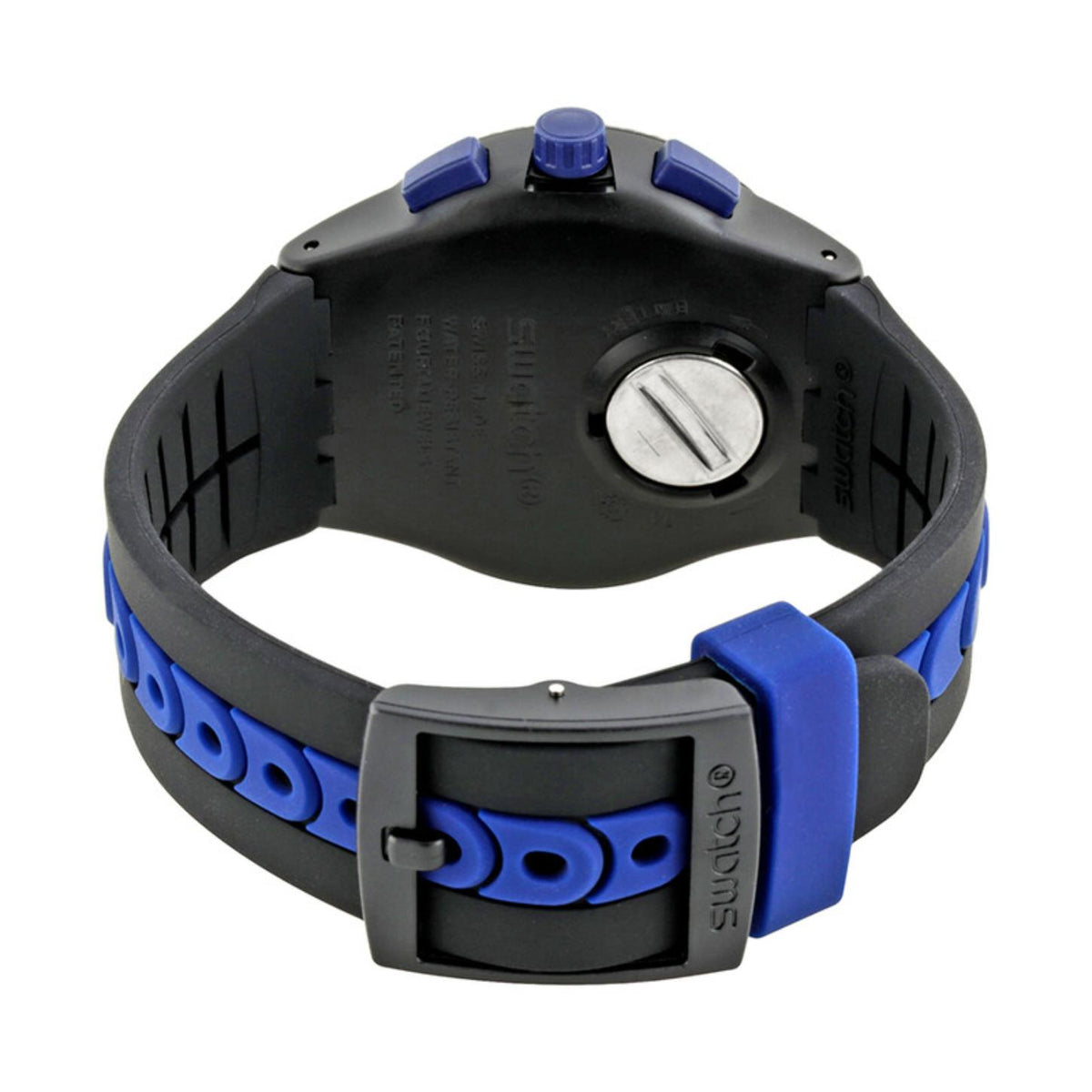 Swatch Kaicco SUSB406 from the rear with a black caseback, blue pushers and crown, black strap with blue accents, and matching black buckle.