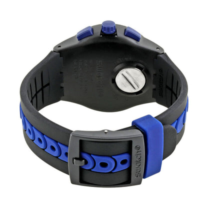 Swatch Kaicco SUSB406 from the rear with a black caseback, blue pushers and crown, black strap with blue accents, and matching black buckle.