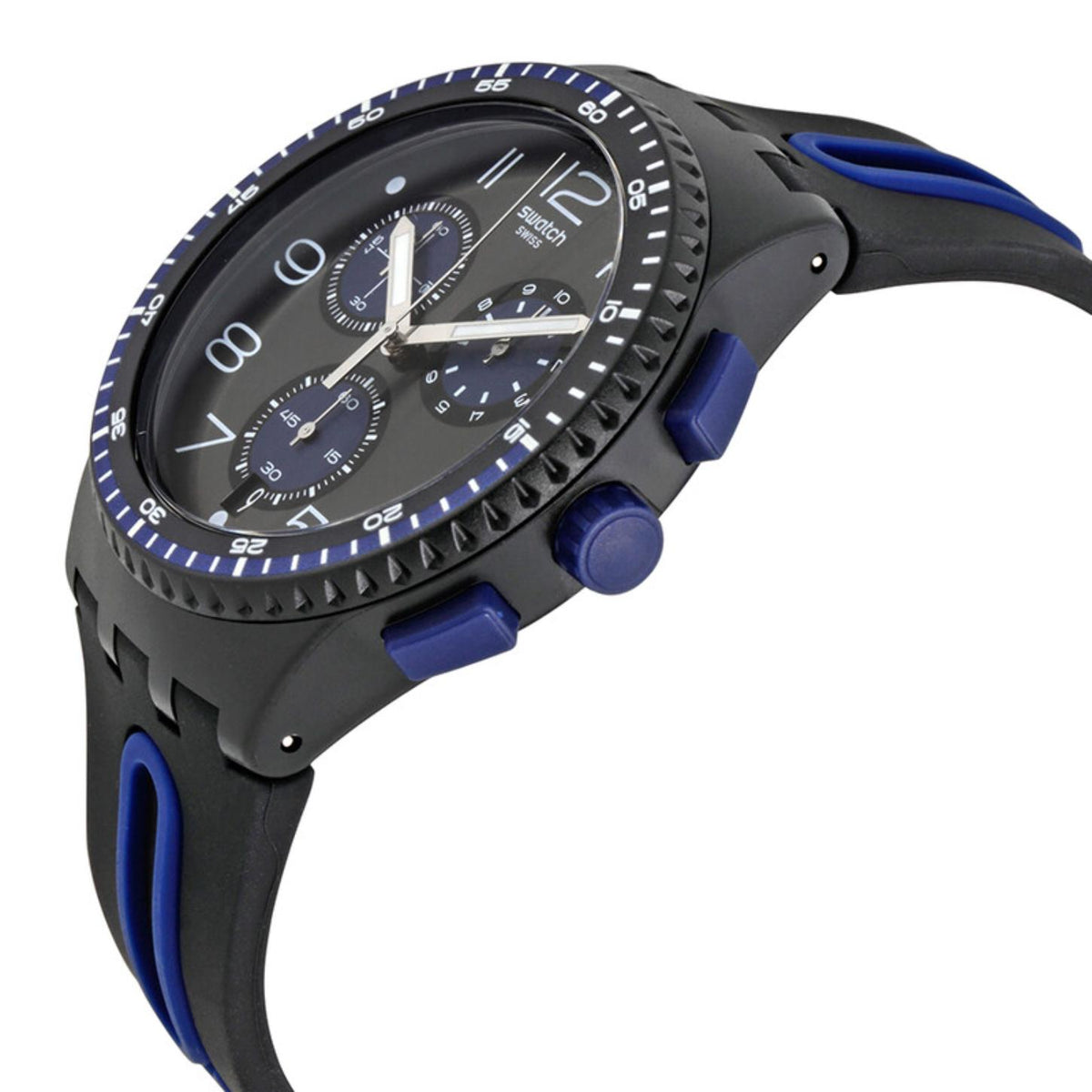 Swatch Kaicco SUSB406 chronograph watch in side profile with an anthracite dial, blue subdials, black case, blue pushers and crown, and black strap with blue accents.