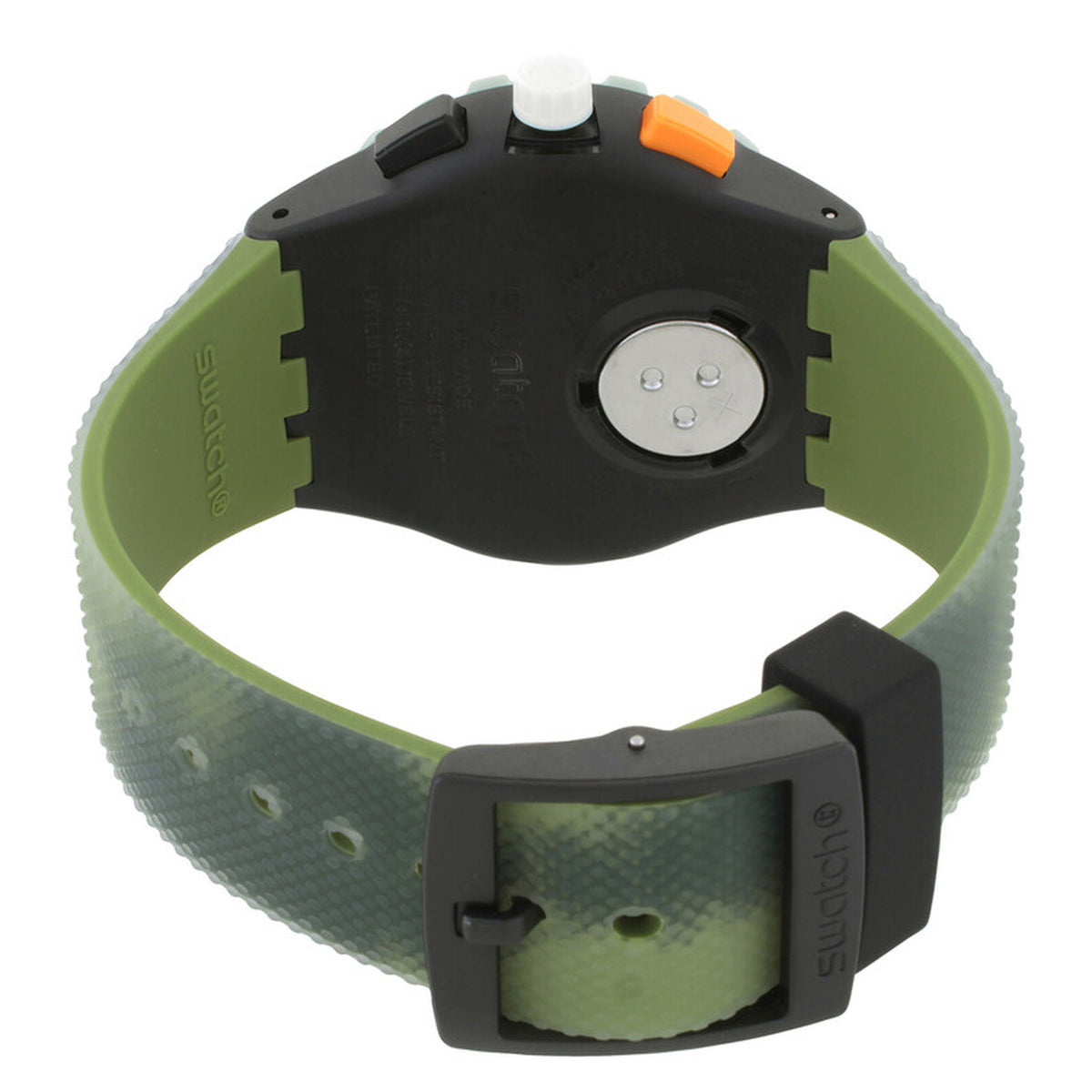 Swatch Midday Camo SUSB423 with black caseback, circular battery cover, green textured strap, black Swatch-branded buckle, and contrasting white and orange chronograph pushers visible from the rear.