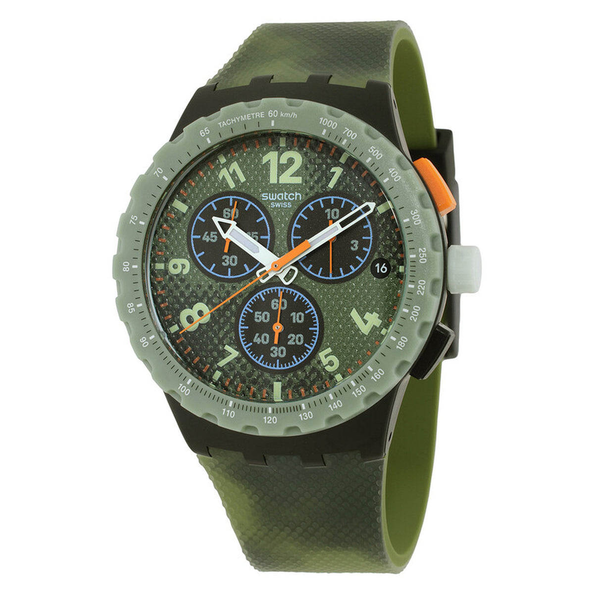 Swatch Midday Camo SUSB423 with green chronograph dial, three subdials, bold Arabic numerals, orange accents, green tachymeter bezel, and matching textured green strap.