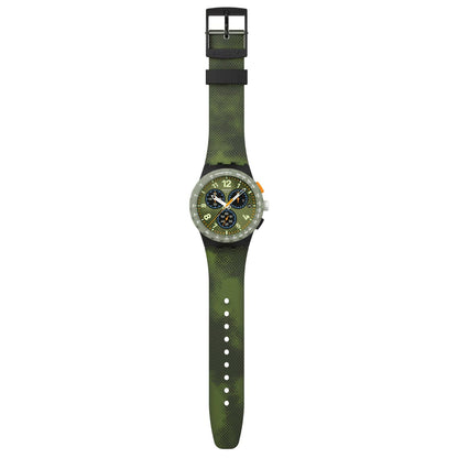 Swatch Midday Camo SUSB423 with green chronograph dial, orange accents, green tachymeter bezel, full camouflage-pattern strap with adjustment holes, and black Swatch-branded buckle.
