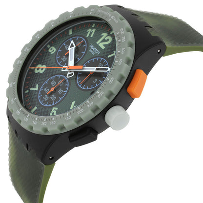 Swatch Midday Camo SUSB423 with green chronograph dial, three subdials, green tachymeter bezel, black case, contrasting orange pusher and white crown, and textured green strap.