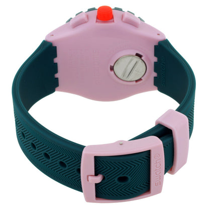 Swatch Moment of Rose SUSP400 with pink caseback, circular battery cover, dark green textured strap, pink Swatch-branded buckle, and bright orange crown visible from the rear.
