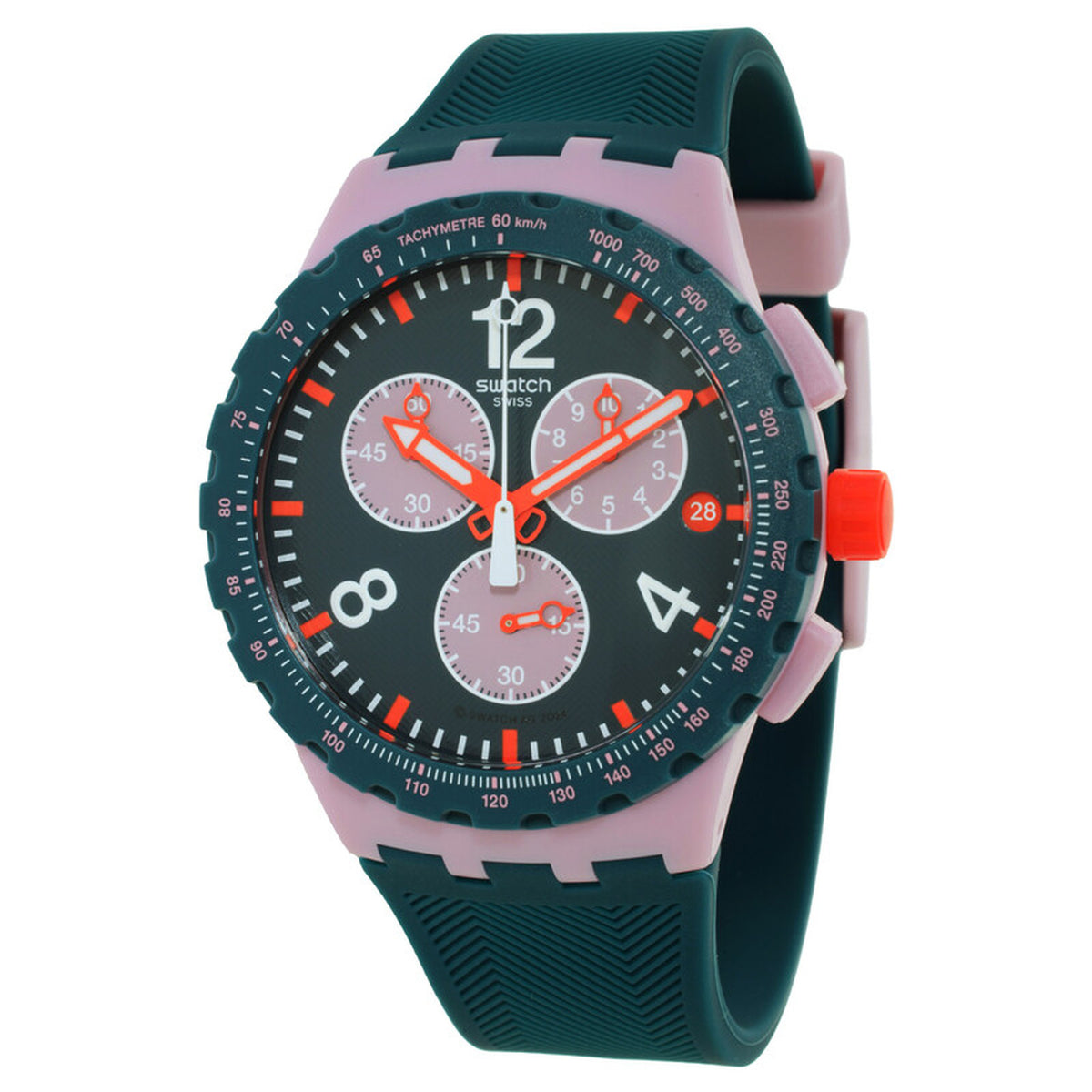 Swatch Moment of Rose SUSP400 with green chronograph dial, three subdials, bold white numerals, orange hands and accents, dark green tachymeter bezel, pink case, and matching green strap.