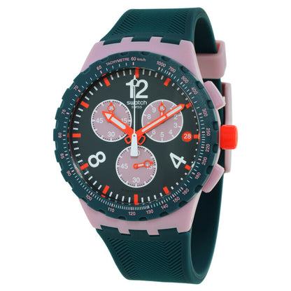 Swatch Moment of Rose SUSP400 with green chronograph dial, three subdials, bold white numerals, orange hands and accents, dark green tachymeter bezel, pink case, and matching green strap.