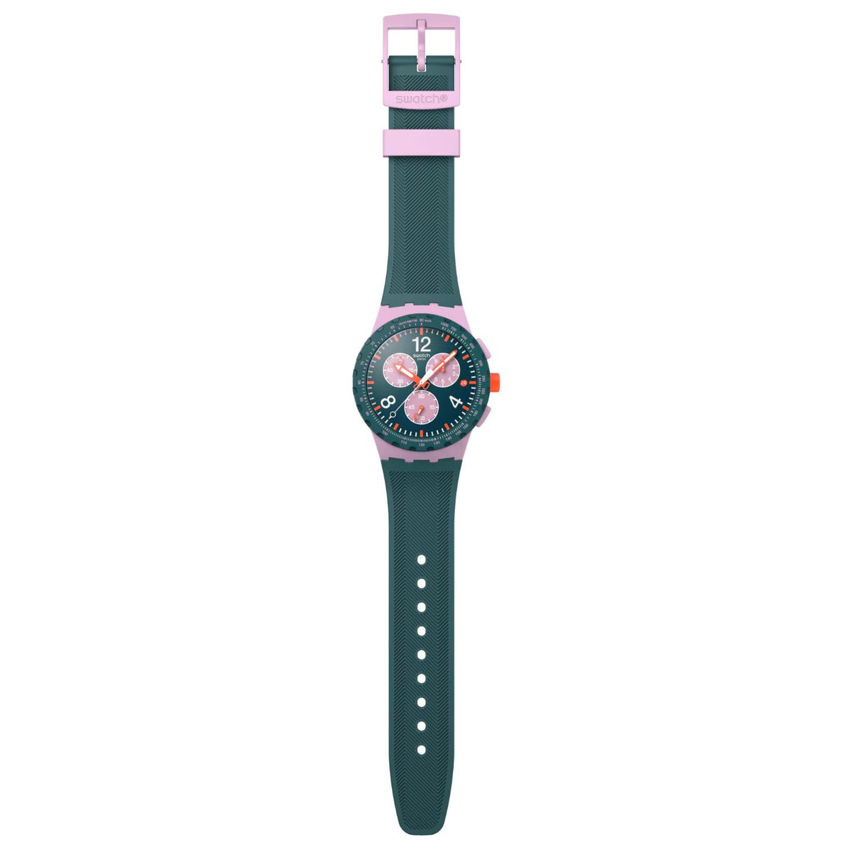 Swatch Moment of Rose SUSP400 with green chronograph dial, pink case, full dark green textured strap with adjustment holes, and matching pink Swatch-branded buckle.