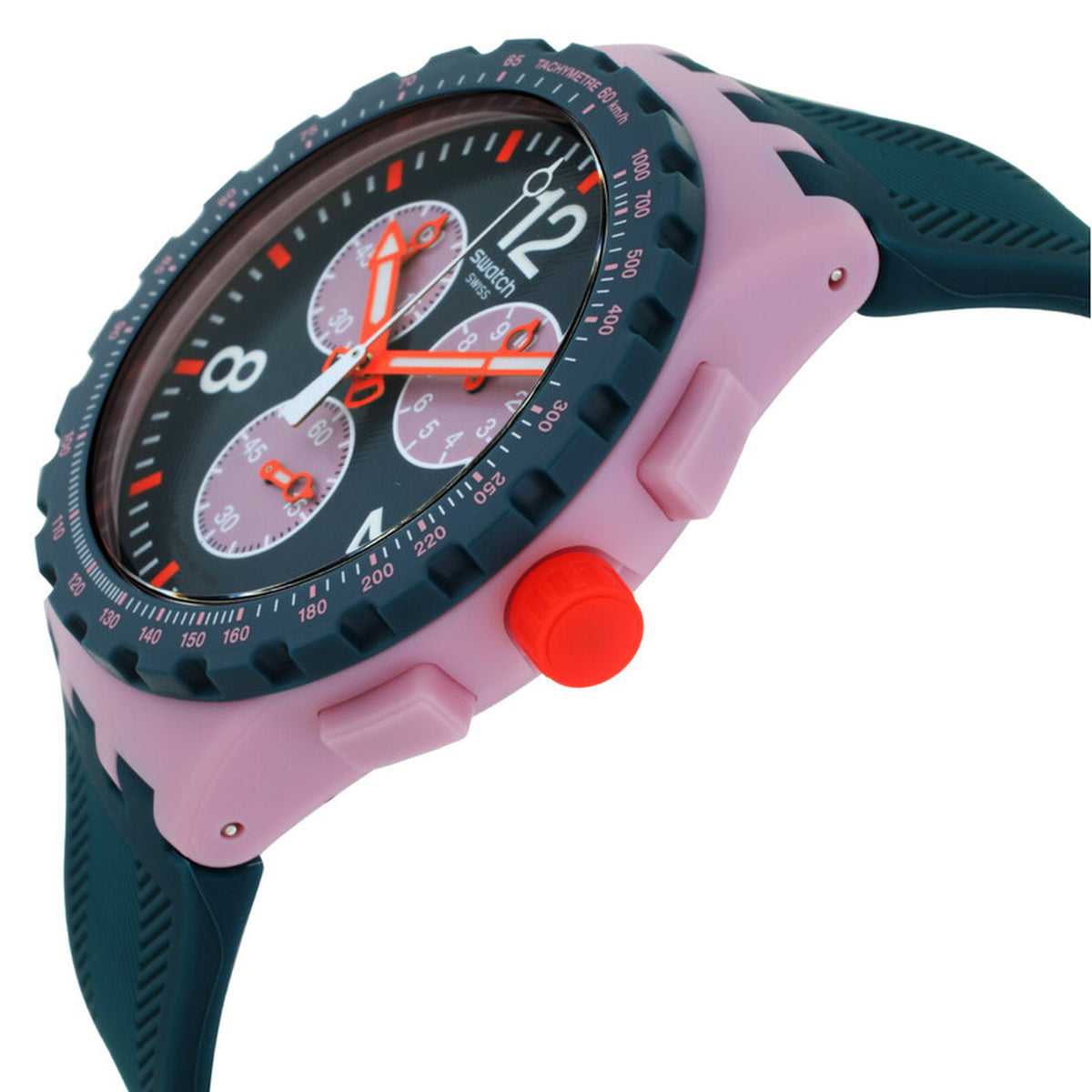 Swatch Moment of Rose SUSP400 with green chronograph dial, dark green tachymeter bezel, pink case and pushers, bright orange crown, and textured dark green strap.