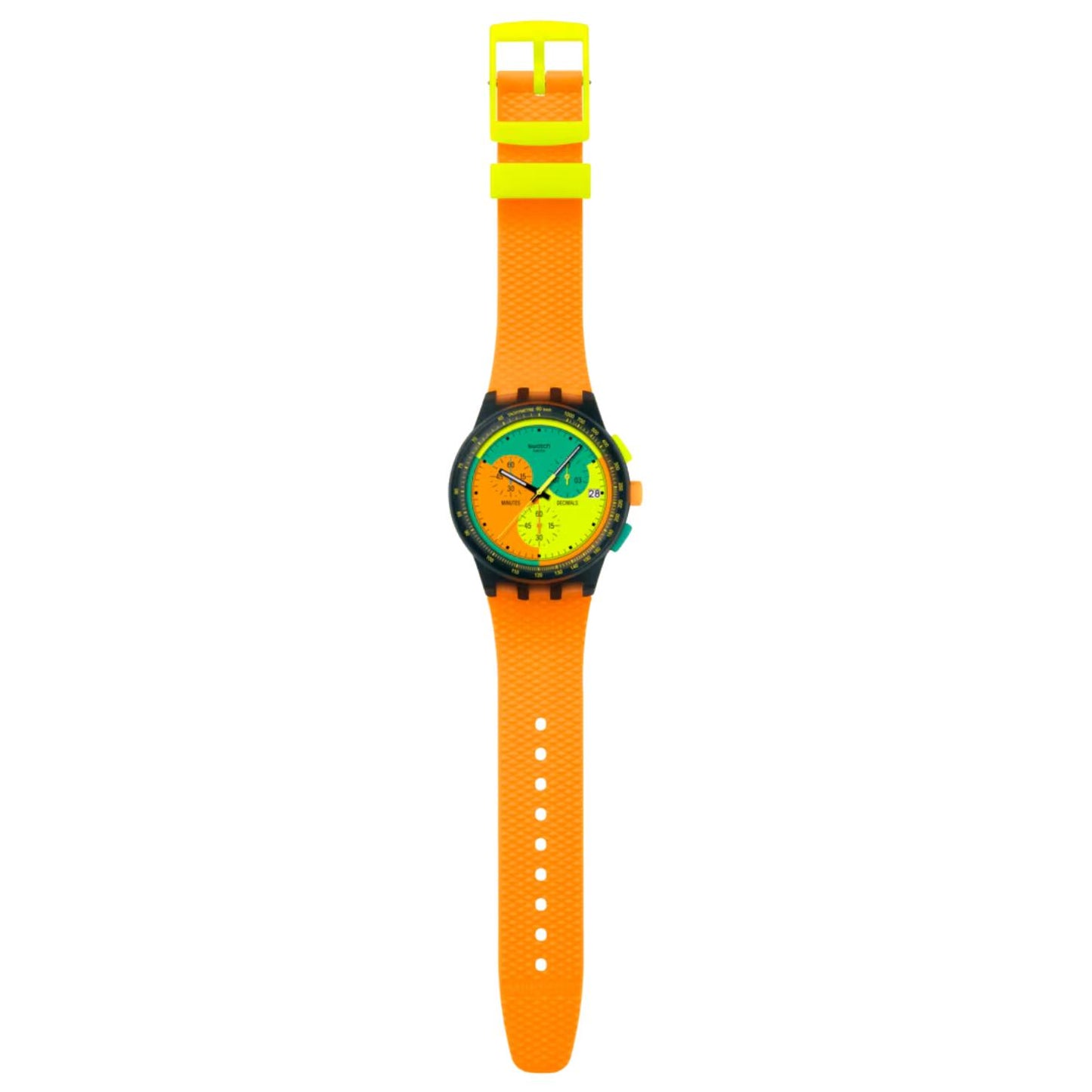 Swatch Neon Signal Flag SUS B422 chronograph watch with multicolor dial, black case, full-length orange strap, adjustment holes, and contrasting yellow buckle.