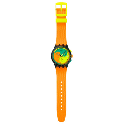 Swatch Neon Signal Flag SUS B422 chronograph watch with multicolor dial, black case, full-length orange strap, adjustment holes, and contrasting yellow buckle.