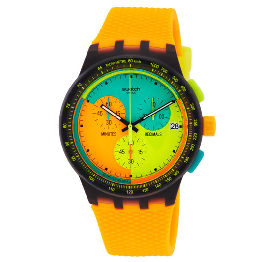 Swatch Neon Signal Flag SUS B422 chronograph watch with a multicolor dial, black case, three subdials, date window at 3 o’clock, and bright orange strap.