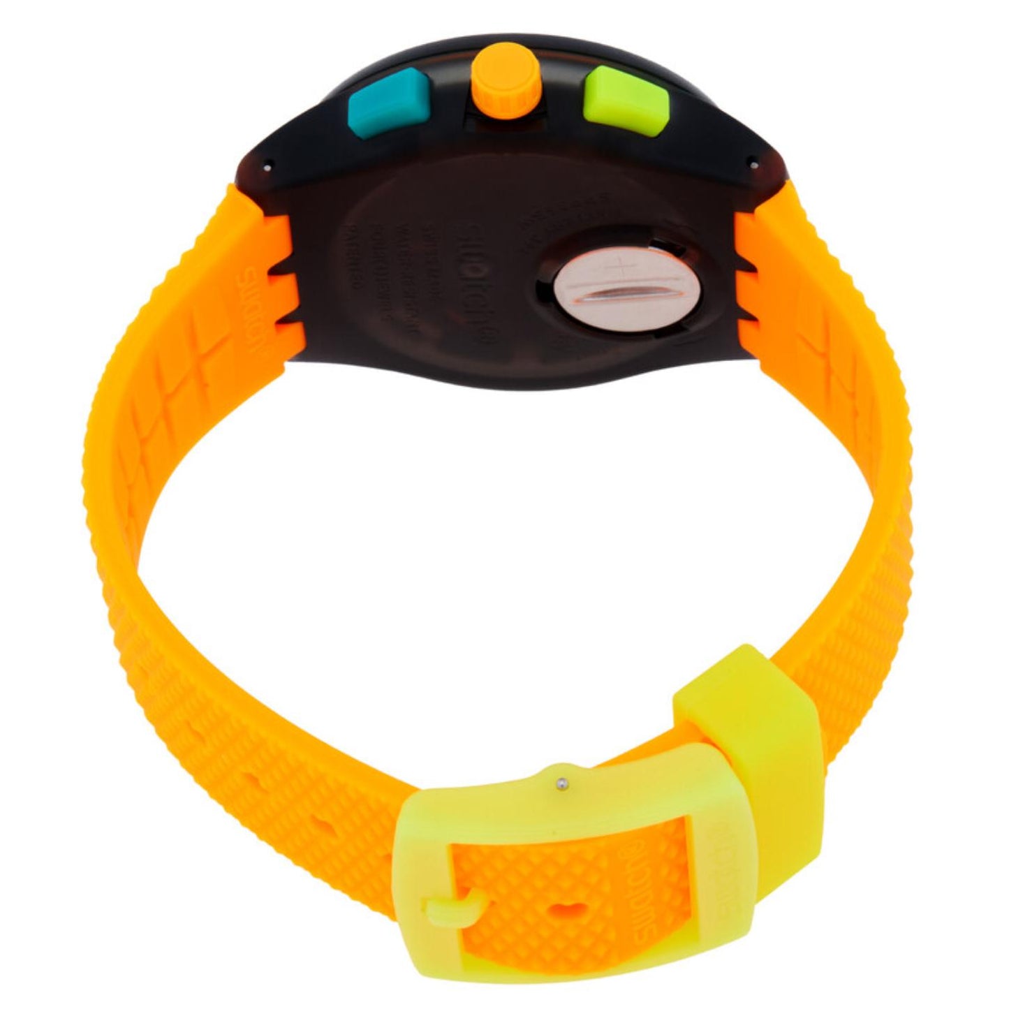 Swatch Neon Signal Flag SUS B422 from the rear with black caseback, colorful pushers and crown, bright orange strap, and contrasting yellow buckle.
