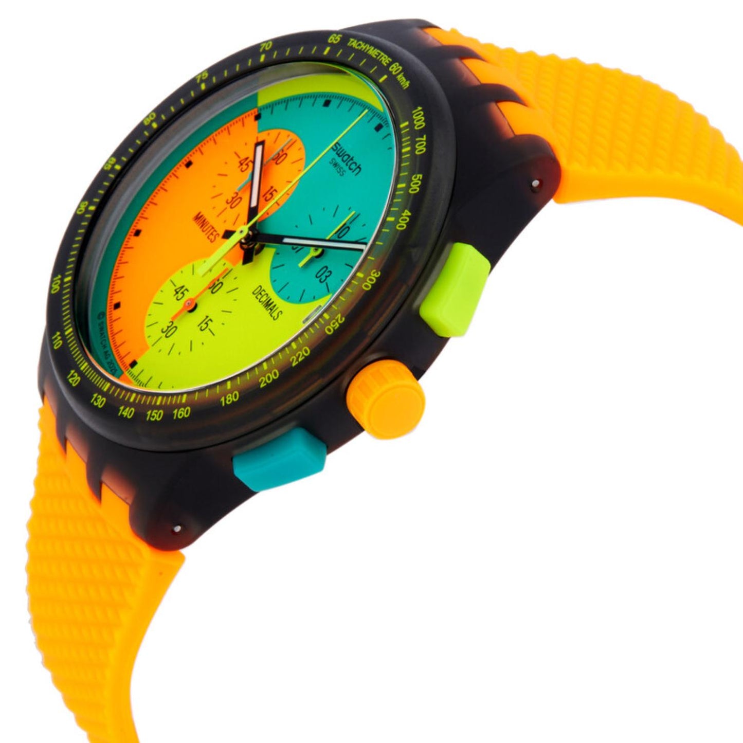 Swatch Neon Signal Flag SUS B422 chronograph watch in side profile with a multicolor dial, black case, colorful pushers, orange crown, and bright orange strap.