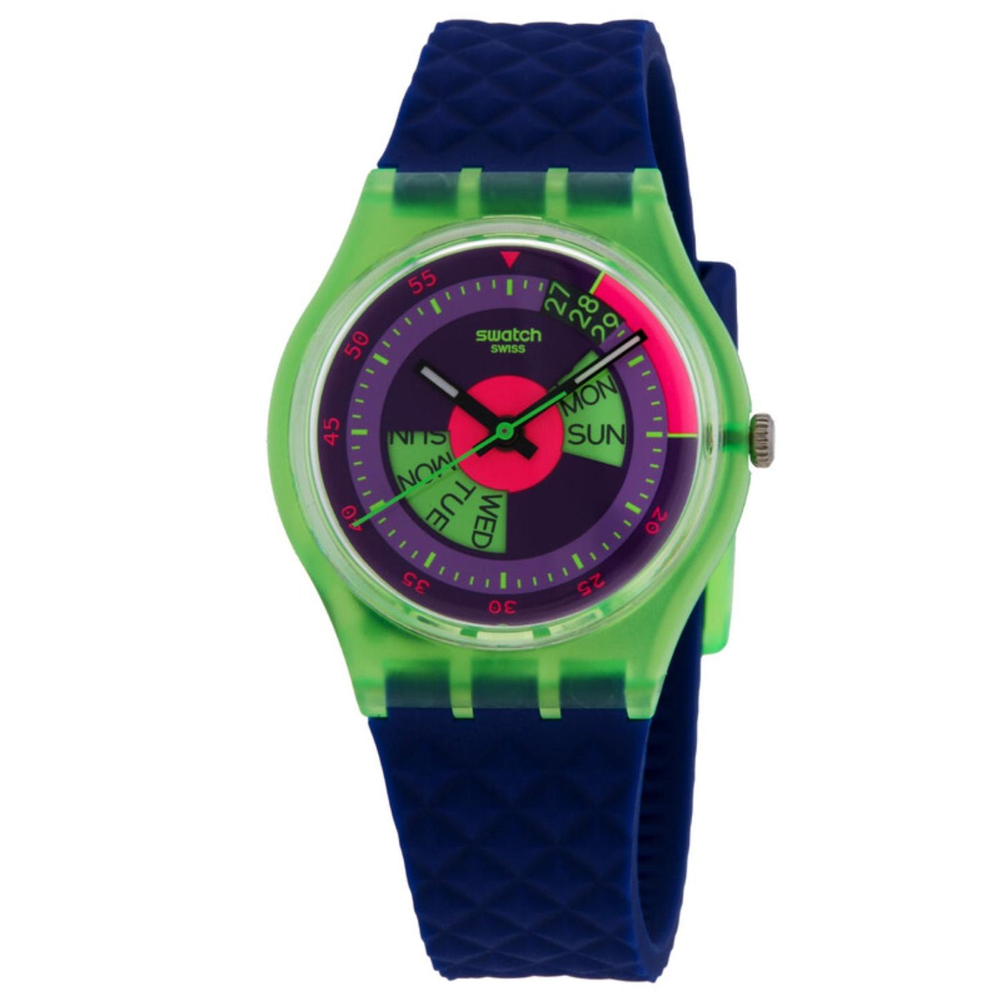 Swatch Neon Skychart SO28G704 watch with a purple dial, translucent green case, multicolor day display, and textured blue strap.