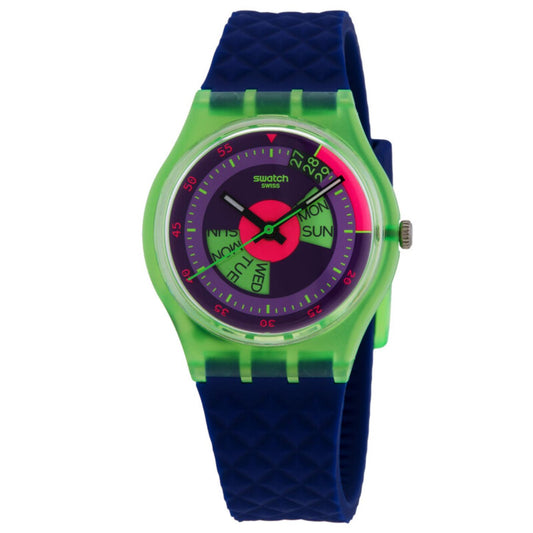 Swatch Neon Skychart SO28G704 watch with a purple dial, translucent green case, multicolor day display, and textured blue strap.