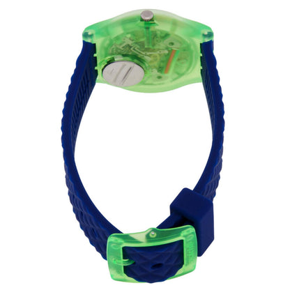 Swatch Neon Skychart SO28G704 from the rear with a translucent green case, visible internal components, blue textured strap, and translucent green buckle.