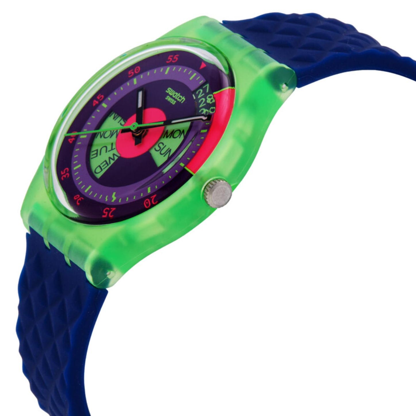 Swatch Neon Skychart SO28G704 watch in side profile with a purple dial, translucent green case, silver-tone crown, and textured blue strap.