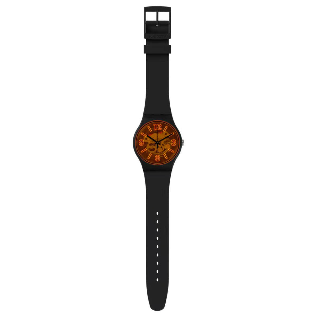 Swatch Orangeboost SUOB164 watch with a transparent orange dial, black case, full-length black strap, adjustment holes, and matching black buckle.