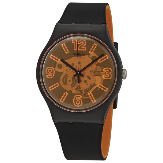 Swatch Orangeboost SUOB164 watch with a transparent orange dial, visible movement, black case, black hands, and black strap with orange lining.