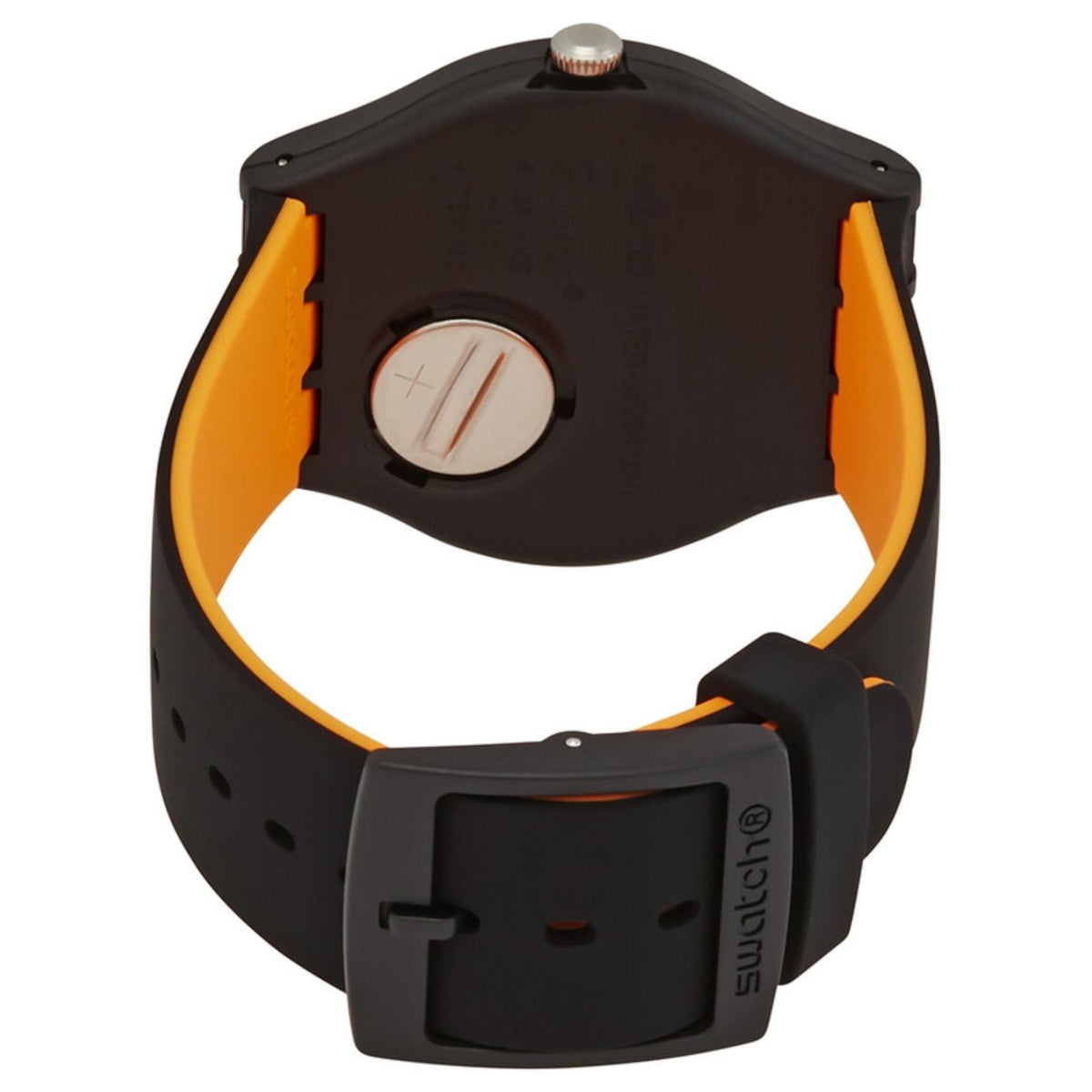 Swatch Orangeboost SUOB164 from the rear with a black caseback, black strap with bright orange lining, silver-tone crown, and matching black buckle.