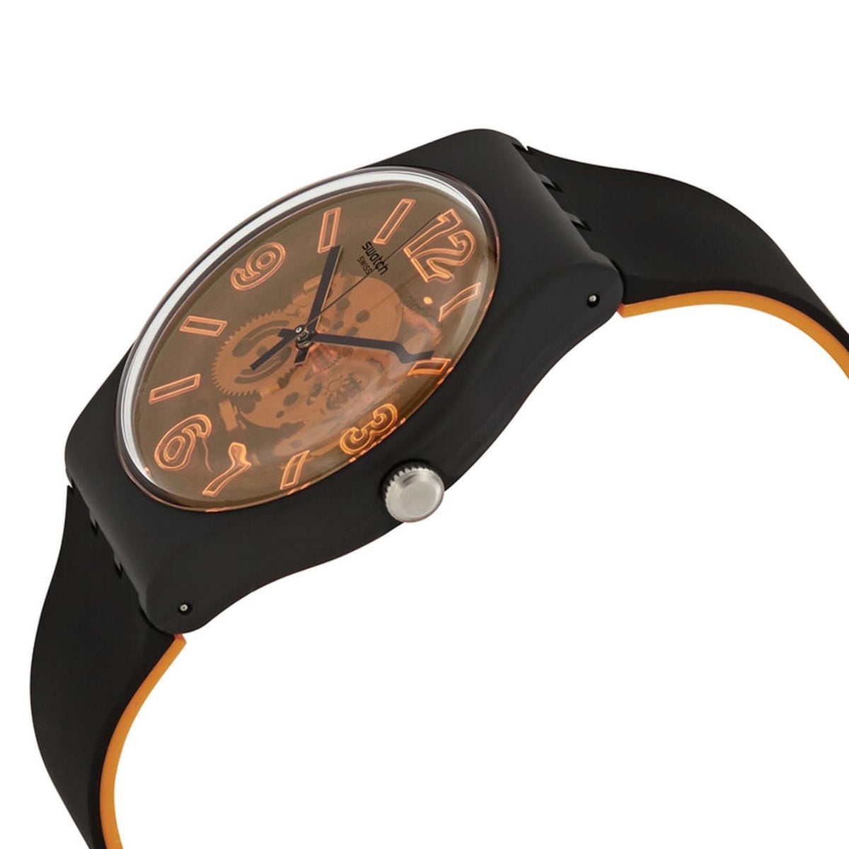Swatch Orangeboost SUOB164 watch in side profile with a transparent orange dial, visible movement, black case, silver-tone crown, and black strap with orange lining.
