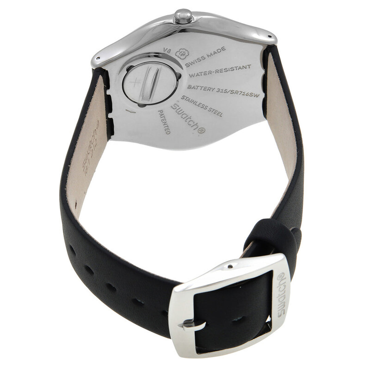 Swatch Skin Irony Formal Blue SS07S125 with engraved silver-tone caseback, black strap, polished silver-tone buckle, and crown visible from the rear.