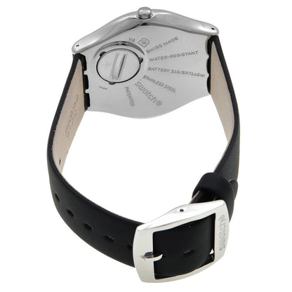 Swatch Skin Irony Formal Blue SS07S125 with engraved silver-tone caseback, black strap, polished silver-tone buckle, and crown visible from the rear.