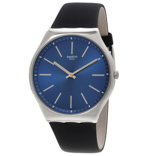 Swatch Skin Irony Formal Blue SS07S125 with blue sunray dial, slim silver-tone hour markers and hands, polished silver-tone case, and black strap.
