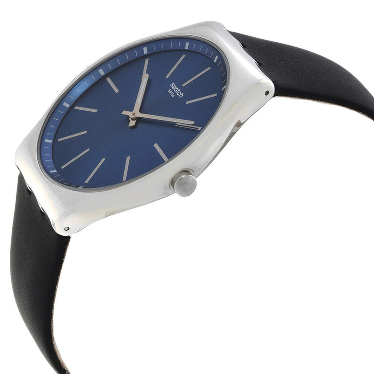 Swatch Skin Irony Formal Blue SS07S125 with blue sunray dial, slim silver-tone hour markers and hands, polished silver-tone case, crown at 3 o’clock, and black strap.