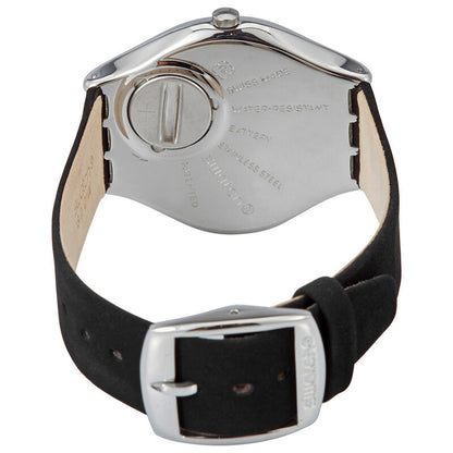 Swatch Skinalliage SYXS109 with engraved silver-tone caseback, black strap, polished silver-tone Swatch-branded buckle, and crown visible from the rear.