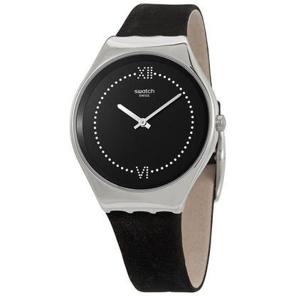 Swatch Skinalliage SYXS109 with black dial, crystal-accented Roman numeral markers at 12 and 6, dotted hour track, polished silver-tone case, and black strap.
