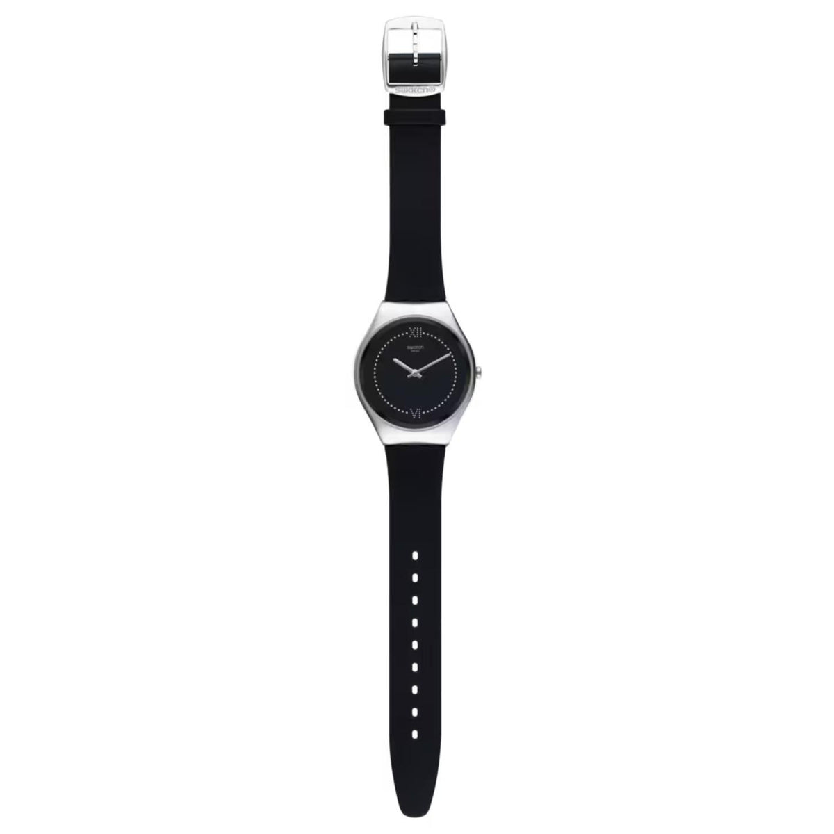 Swatch Skinalliage SYXS109 with black dial, polished silver-tone case, full black strap with adjustment holes, and Swatch-branded silver-tone buckle.