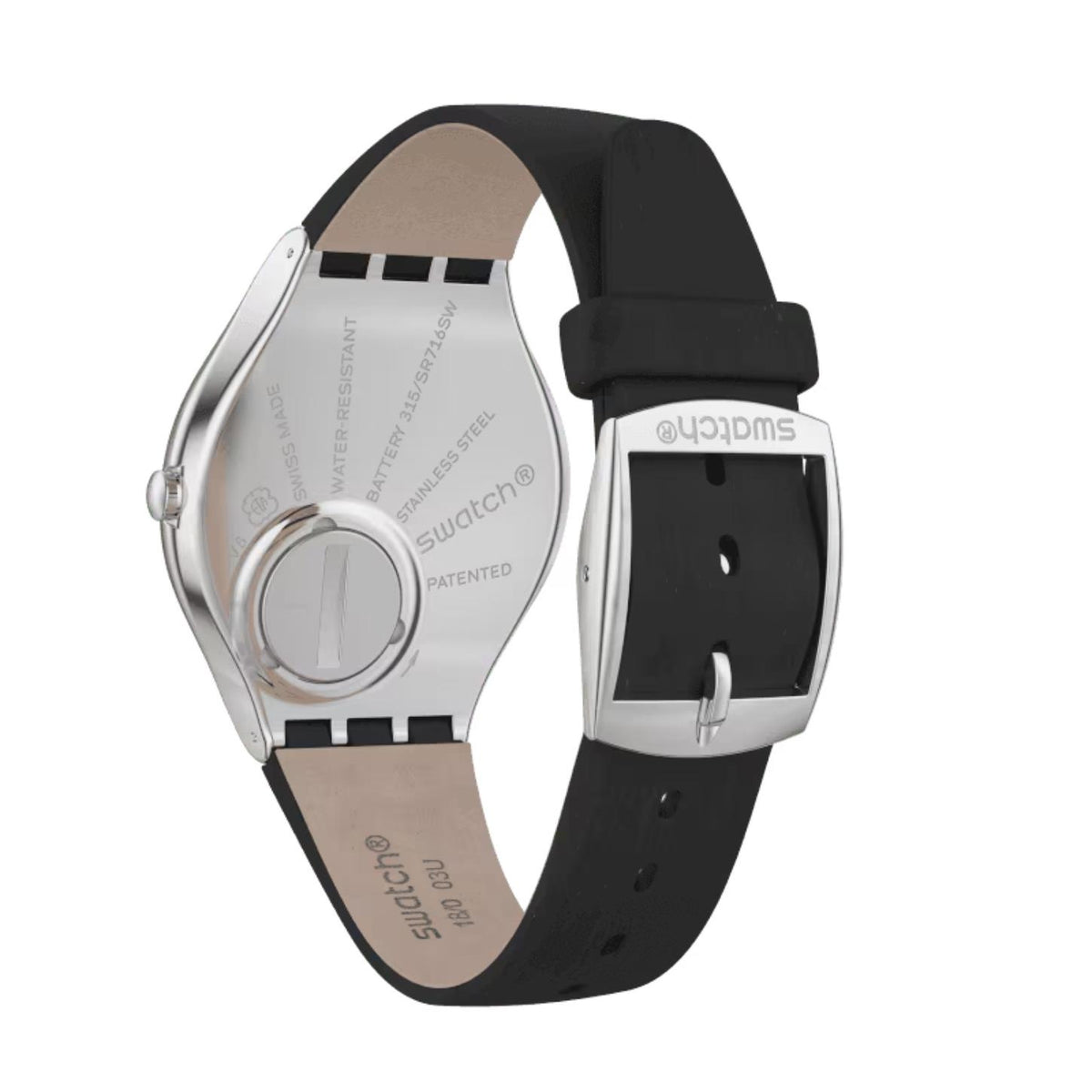 Swatch Skinalliage SYXS109 with engraved silver-tone caseback, circular battery cover, black strap, and polished Swatch-branded silver-tone buckle.