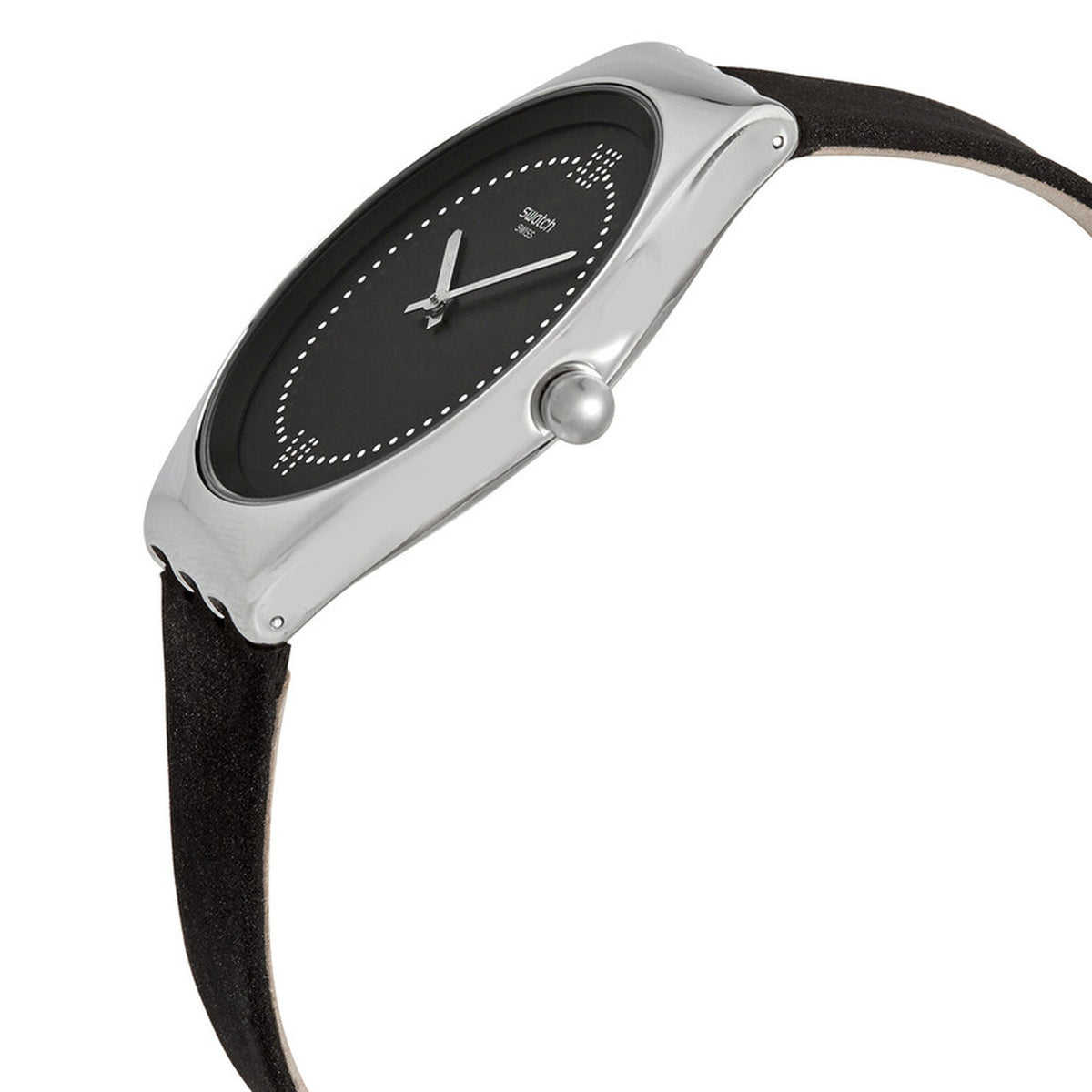 Swatch Skinalliage SYXS109 with black dial, slim silver-tone hands, polished silver-tone case, rounded crown at 3 o’clock, and black strap.
