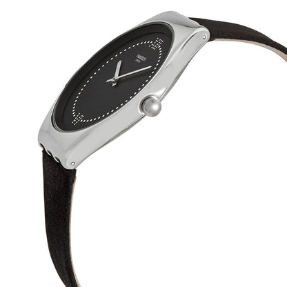 Swatch Skinalliage SYXS109 with black dial, slim silver-tone hands, polished silver-tone case, rounded crown at 3 o’clock, and black strap.