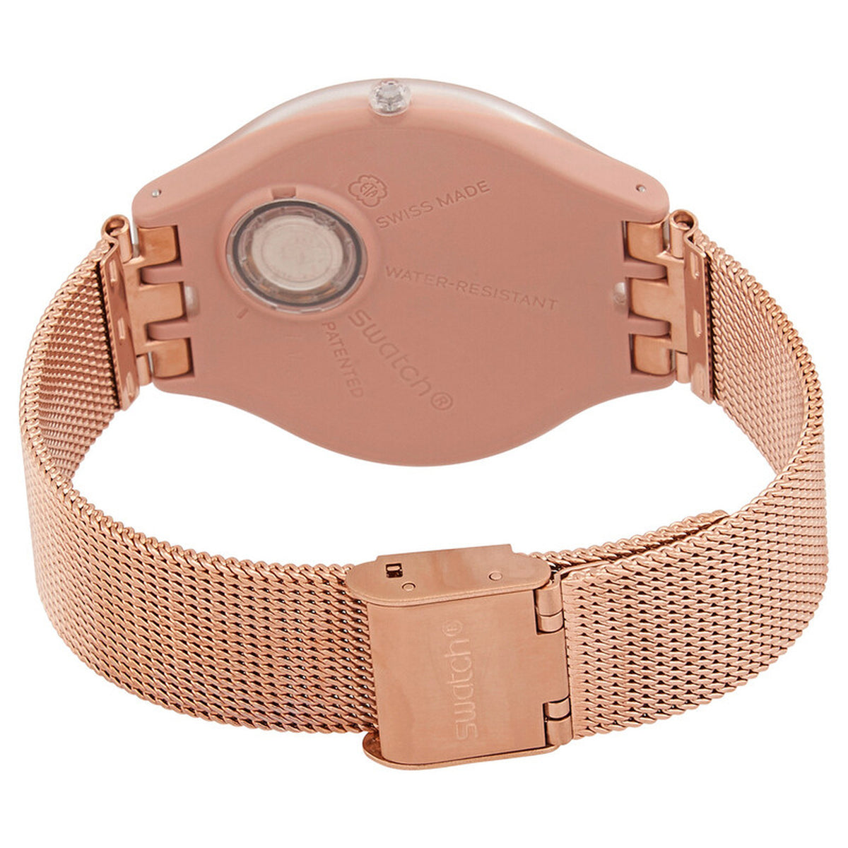 Swatch Skinchic SVUP100M with rose gold-tone caseback, circular battery cover, matching fine mesh bracelet, and Swatch-branded clasp.
