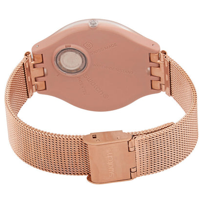 Swatch Skinchic SVUP100M with rose gold-tone caseback, circular battery cover, matching fine mesh bracelet, and Swatch-branded clasp.
