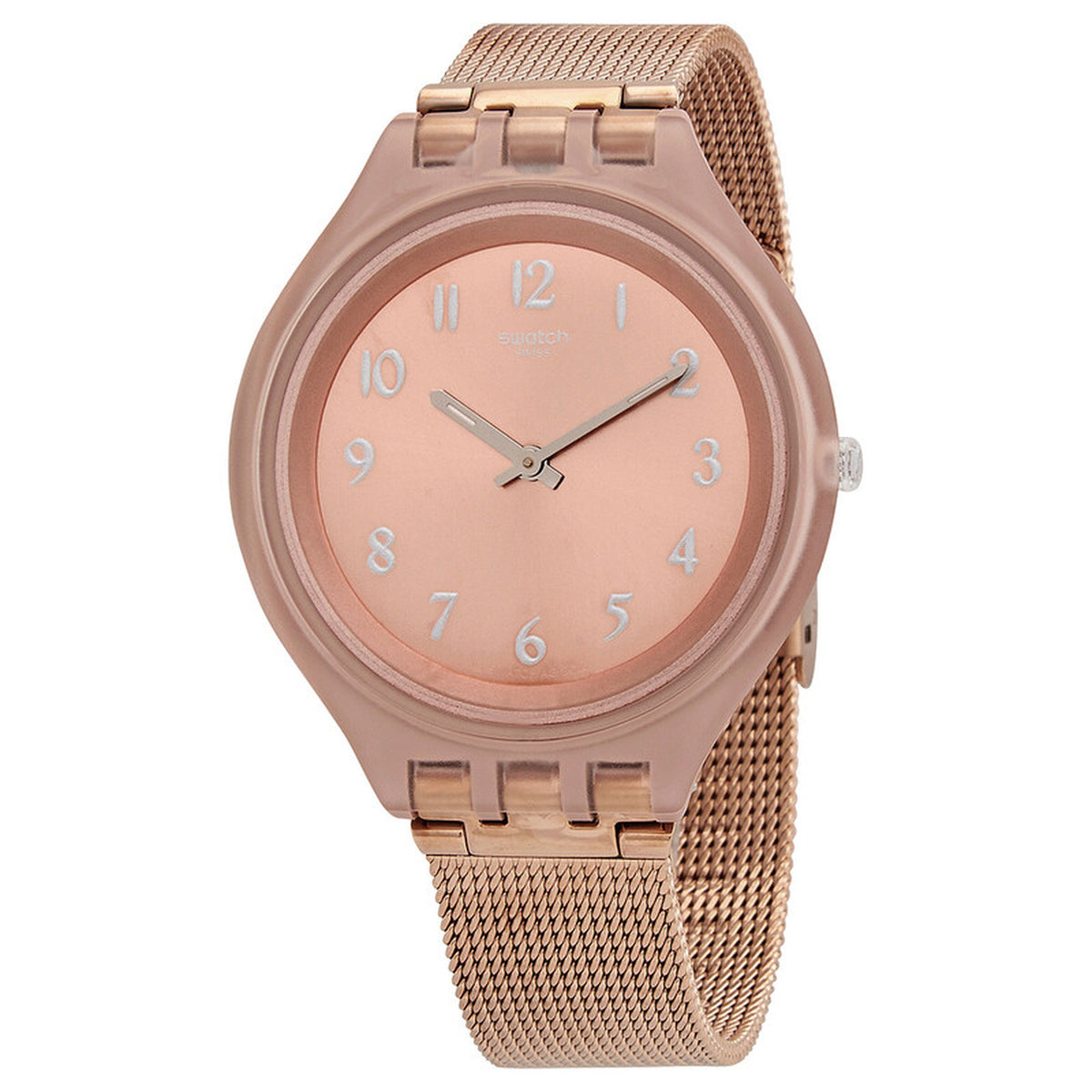 Swatch Skinchic SVUP100M with rose gold-tone dial, silver-tone Arabic numerals and hands, matching rose gold-tone case, and fine mesh bracelet.