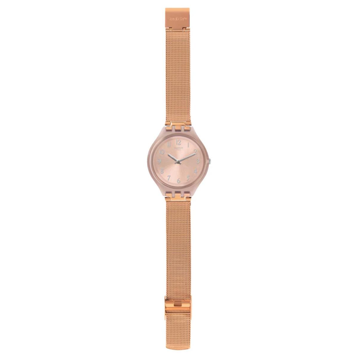 Swatch Skinchic SVUP100M with rose gold-tone dial and case, full matching mesh bracelet, silver-tone Arabic numerals and hands, and integrated clasp.