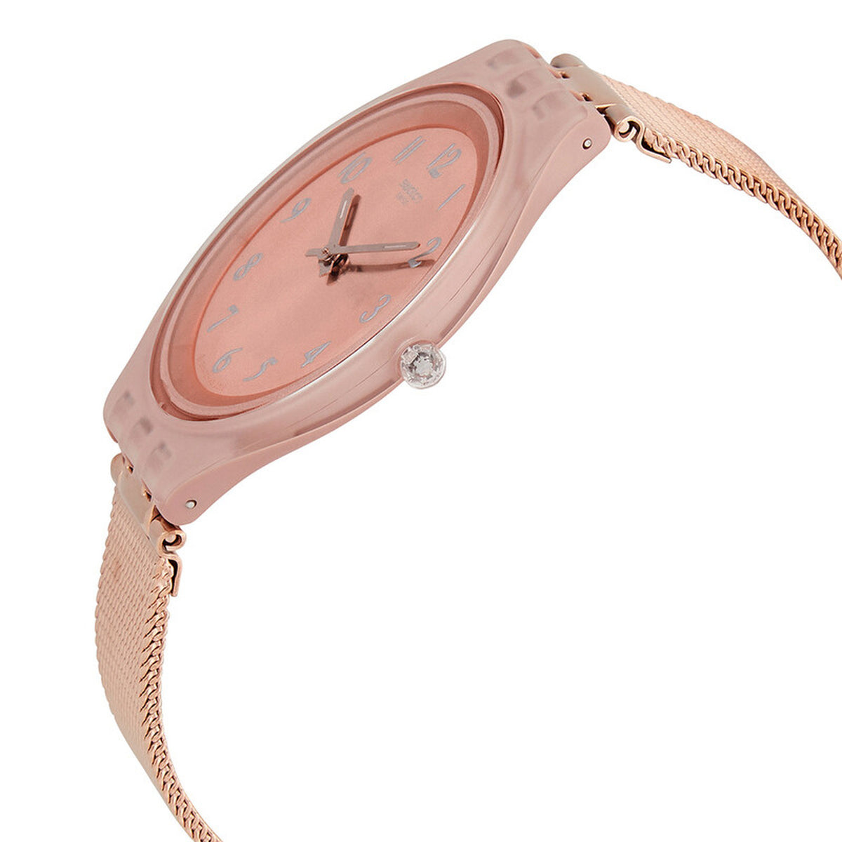 Swatch Skinchic SVUP100M with rose gold-tone dial and case, slim side profile, crystal-accented crown, silver-tone hands and numerals, and matching fine mesh bracelet.