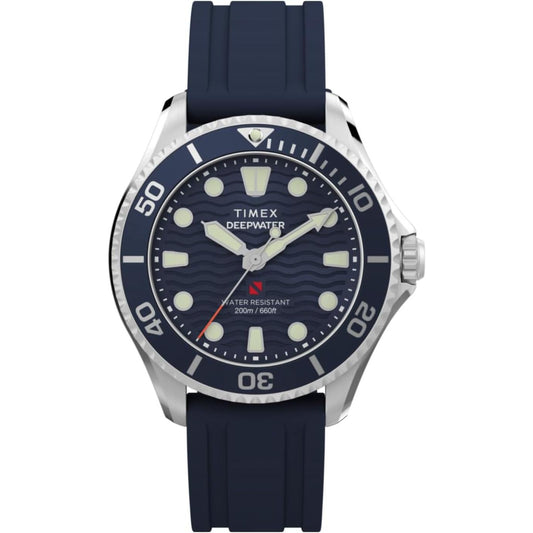 reloj Timex Deepwater Meridian TW2Y40300 con esfera azul, bisel giratorio y correa de silicona en color azul marino