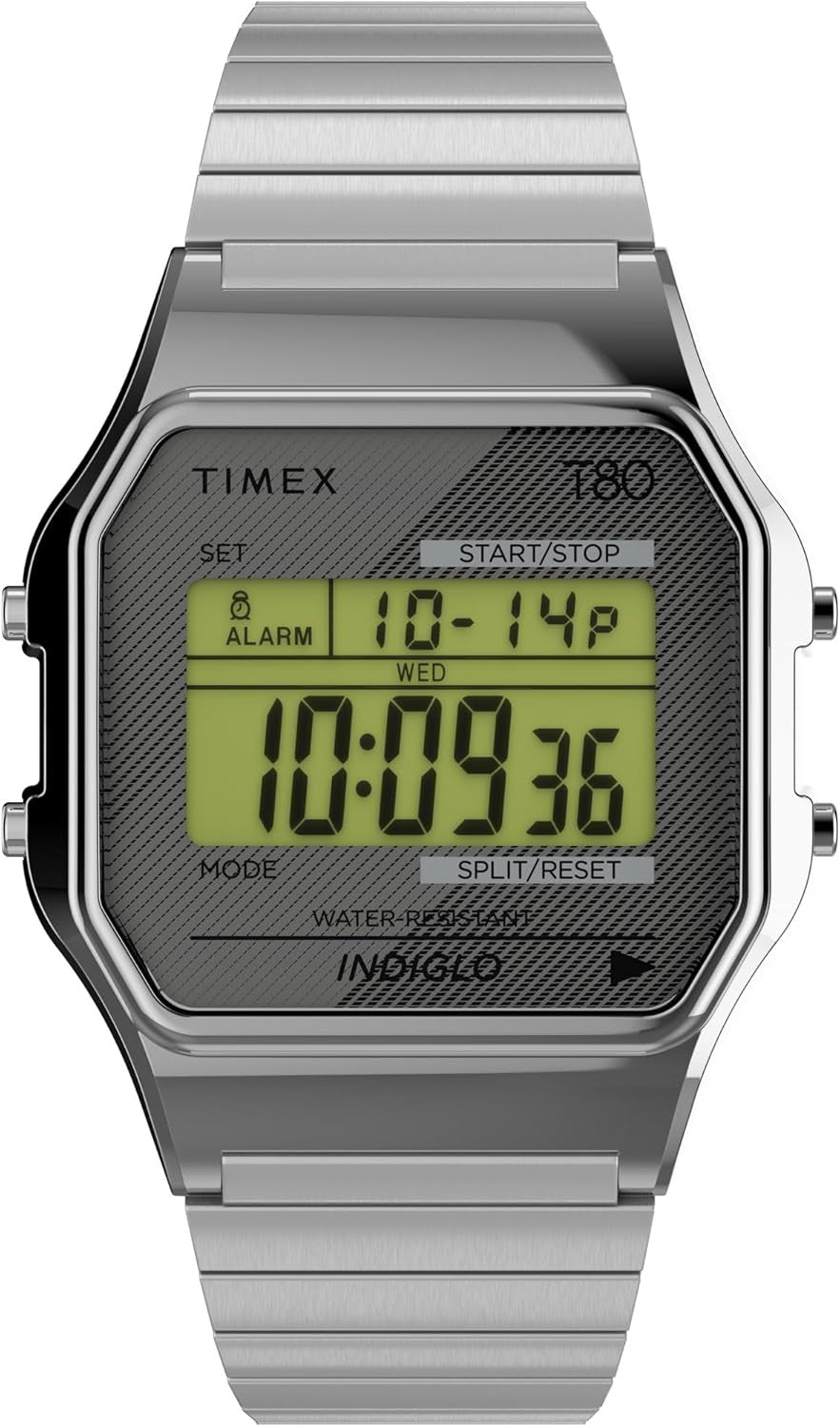 Reloj Timex digital de acero con esfera gris y pantalla LCD mostrado en vista frontal.