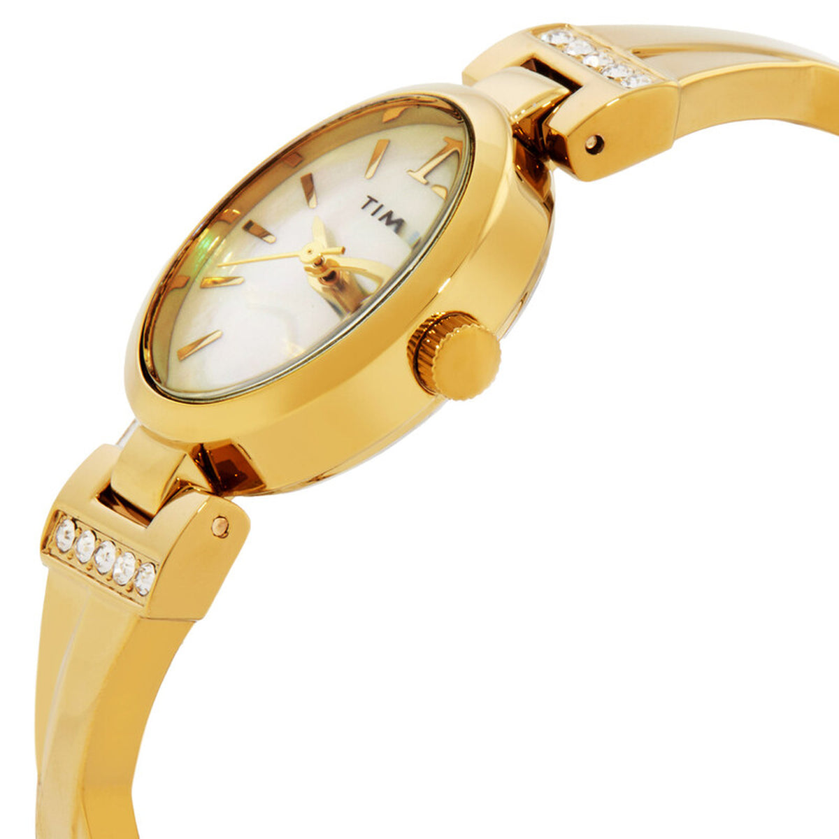 Timex Dress TW2U70000 with a mother-of-pearl dial, gold-tone oval case, textured crown, and crystal-accented gold-tone bracelet details.