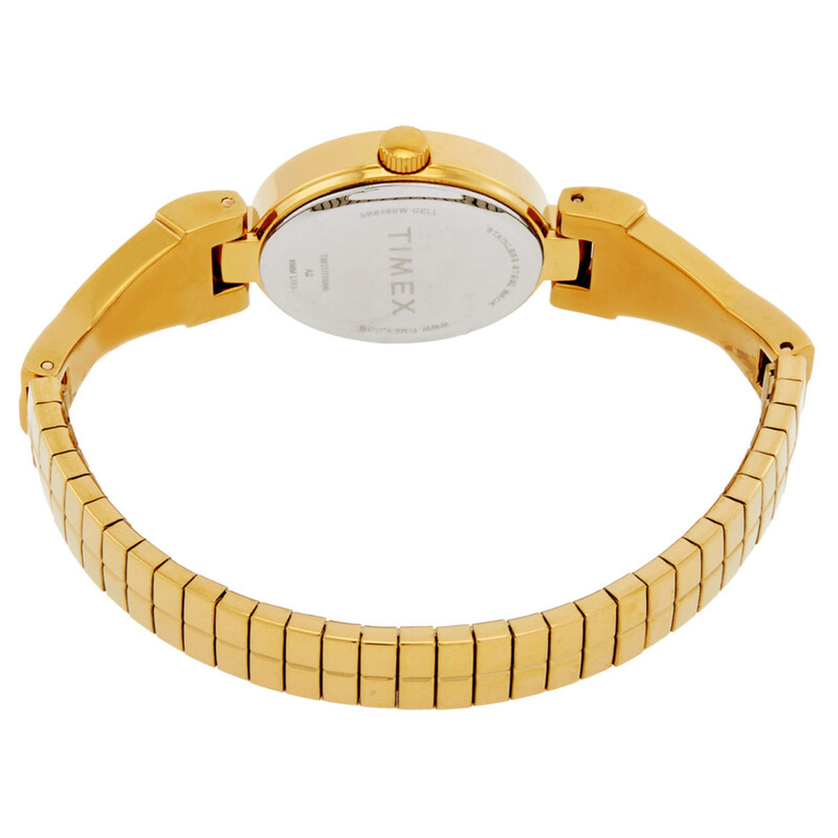 Timex Dress TW2U70000 with an engraved silver-tone caseback, gold-tone case and crown, and matching gold-tone bracelet.