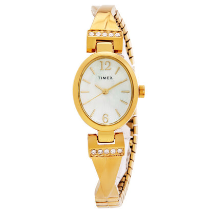 Timex Dress TW2U70000 with a mother-of-pearl dial, gold-tone oval case, crystal-accented bracelet details, and matching gold-tone bracelet.