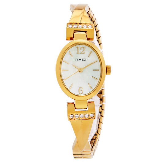 Timex Dress TW2U70000 with a mother-of-pearl dial, gold-tone oval case, crystal-accented bracelet details, and matching gold-tone bracelet.