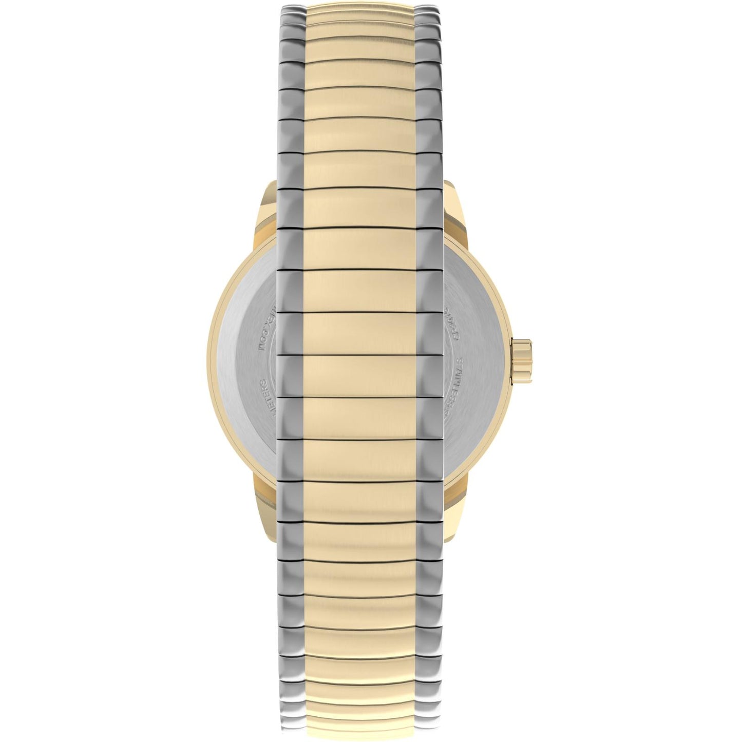 Timex Easy Reader 25mm rear bracelet view showing the two-tone stainless steel expansion band and stainless steel caseback.