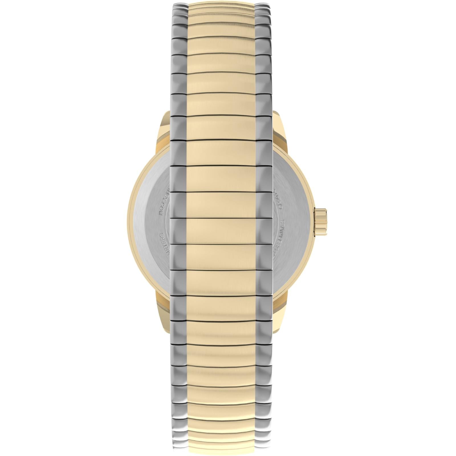 Timex Easy Reader 25mm rear bracelet view showing the two-tone stainless steel expansion band and stainless steel caseback.